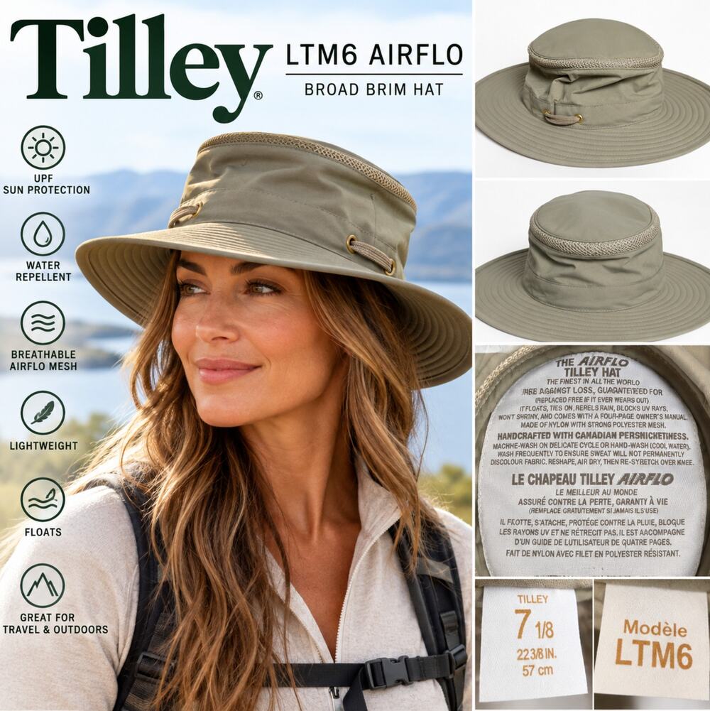 Tilley LTM6 Airflo Hat 7 1/8 Khaki Wide Brim Made in Canada Hiking Outdoor
